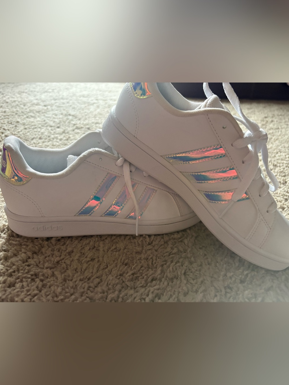 Brand New Adidas Kids White Sneakers with Iridescent Accent Stripes